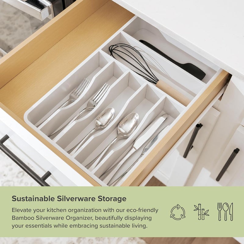 KitchenEdge Silverware Organizer - Cutlery, Flatware, and Utensil Holder for Kitchen Drawers, Fixed 10.5” Width, 7 Storage Compartments, Non-Slip Feet, Rounded Corners, 100% Bamboo, White Finish - Image 5